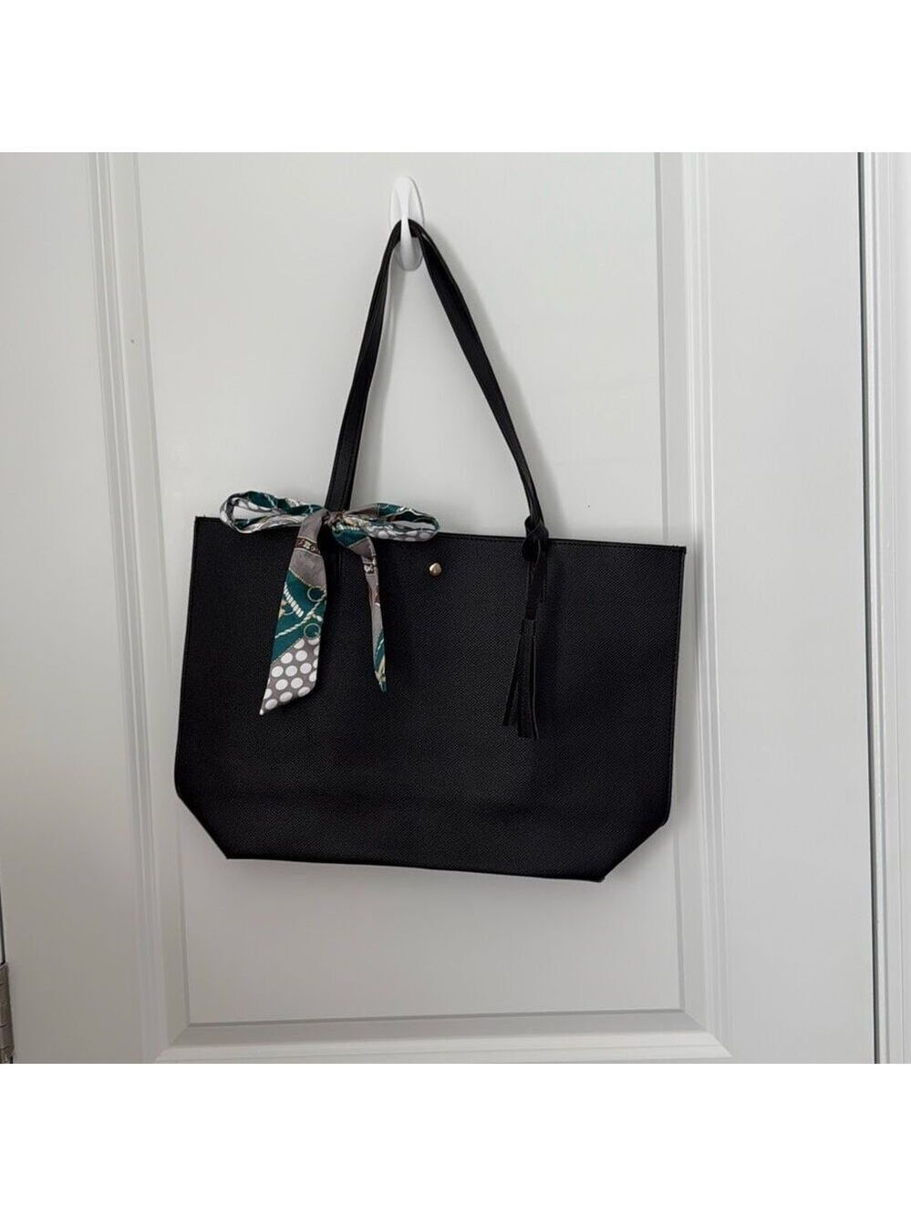 Black Faux Leather Tote Bag with Scarf Accent & Tassel Charm